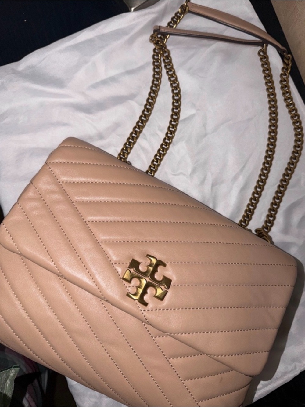 Tory Burch Quilted Crossbody/Shoulder Bag in medium/dark Beige with Gold Logo